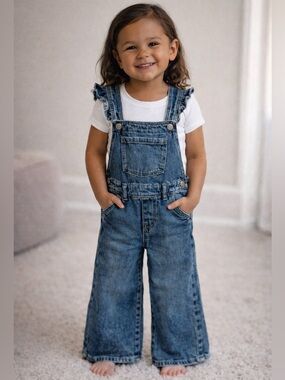 Gap Kids Denim Overalls 4T Wide Leg Ruffle Strap Blue Jean EUC